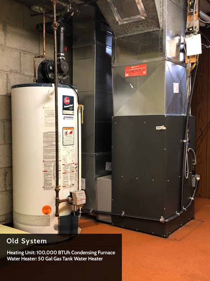 Old System - Heating Unit: 100,000 BTUh Condensing Furnace | Water Heater: 50 Gal Gas Tank Water Heater